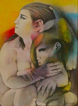 painting of Christine with her mother Helen and pet lamb in 1968